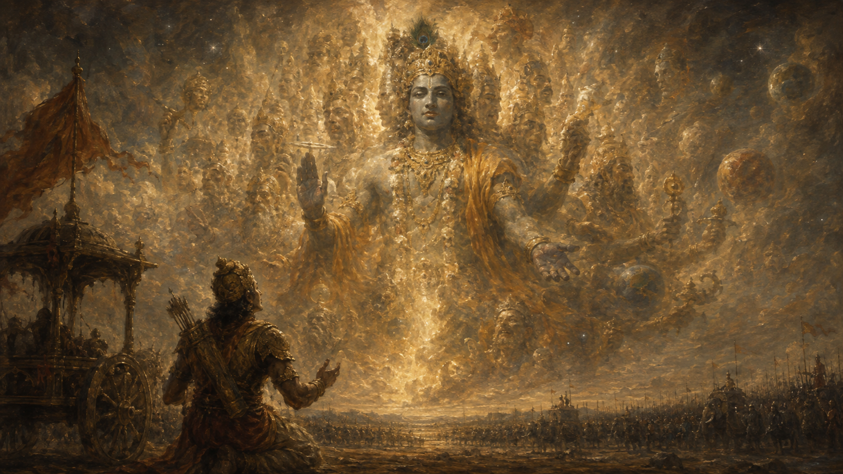 Krishna’s universal form shines through countless celestial worlds as Arjuna kneels.