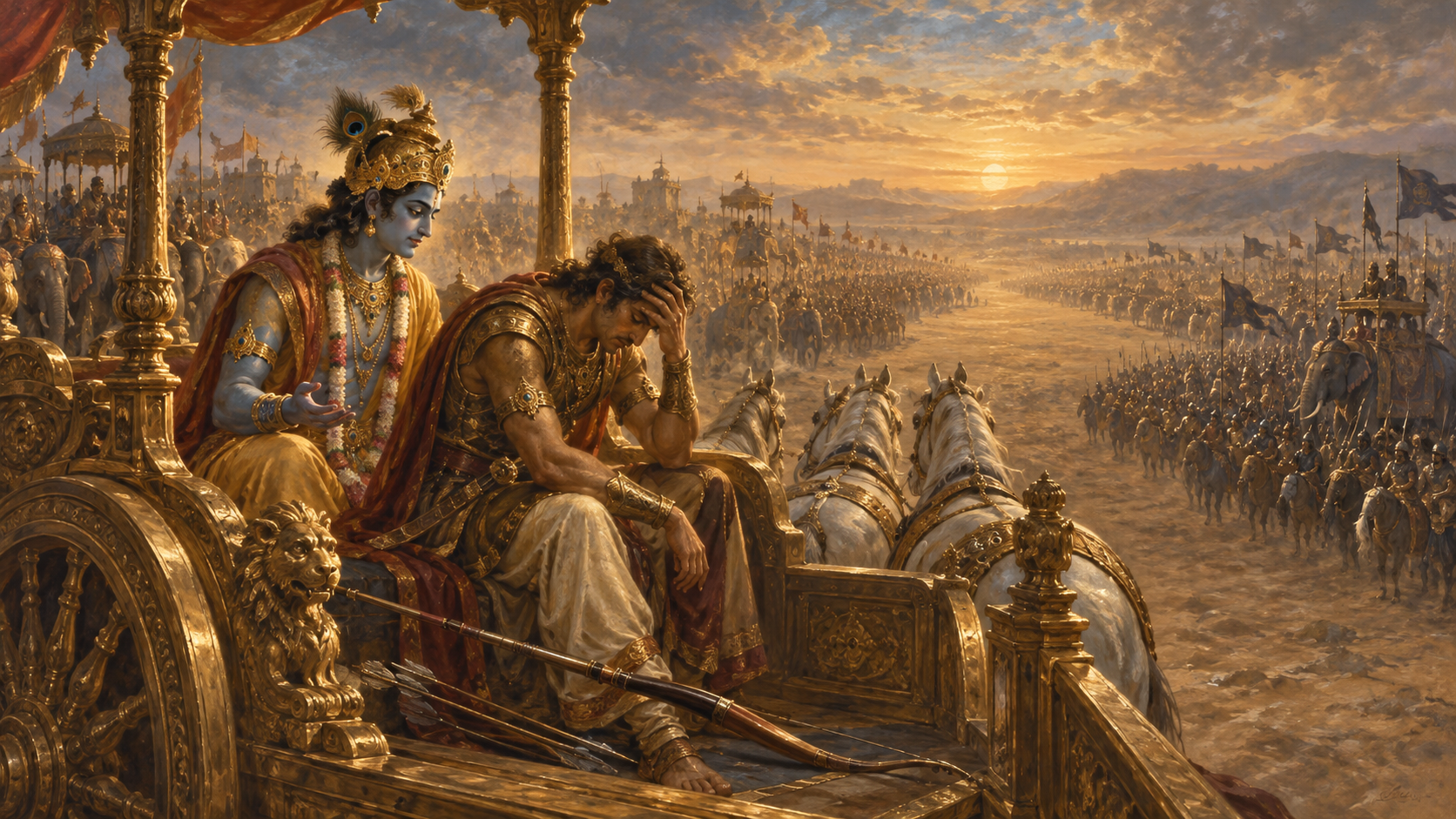 Arjuna lowers his bow between the two armies while Krishna waits beside him.