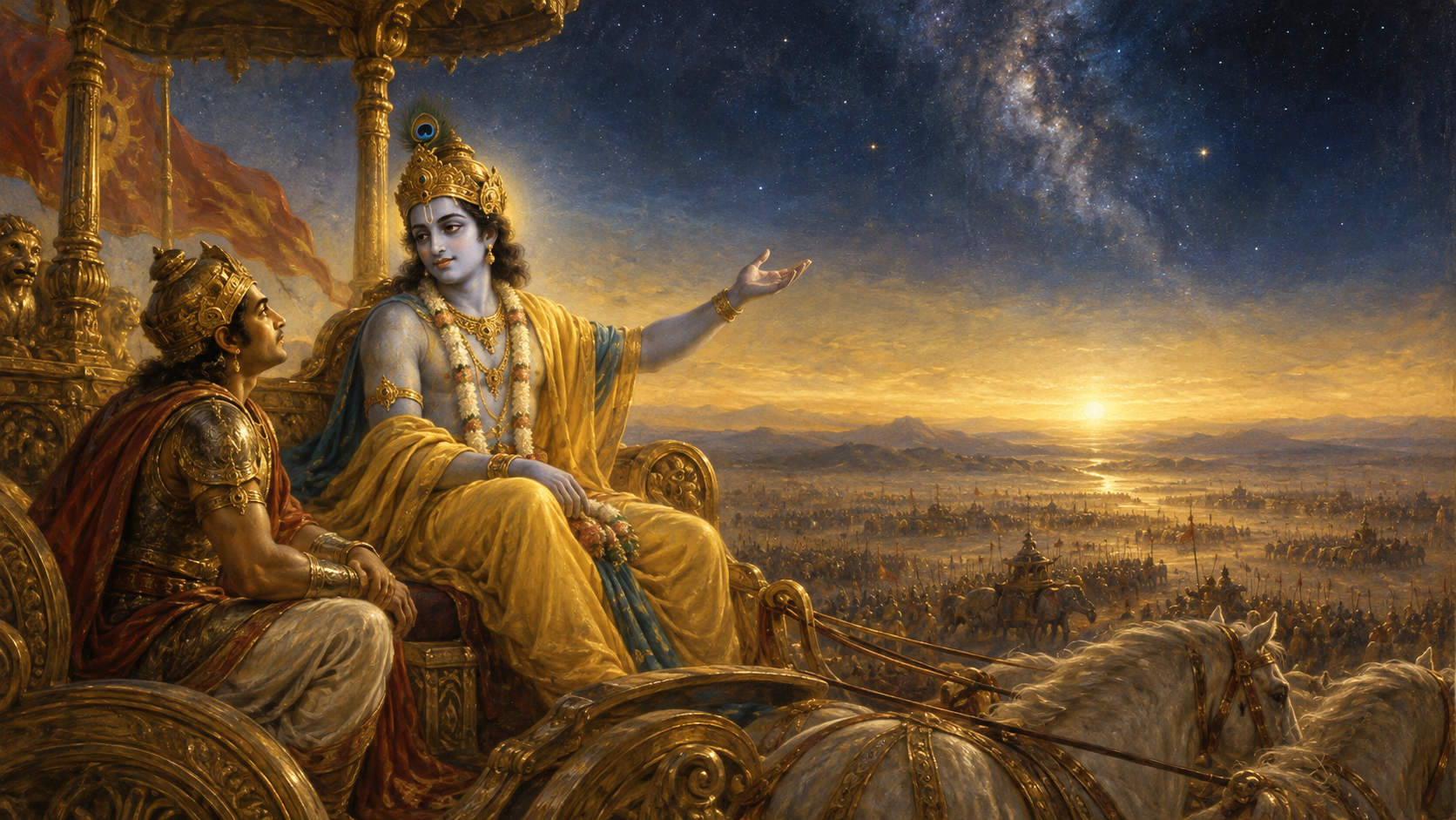 Krishna teaches Arjuna beneath a vast luminous sky over the battlefield.