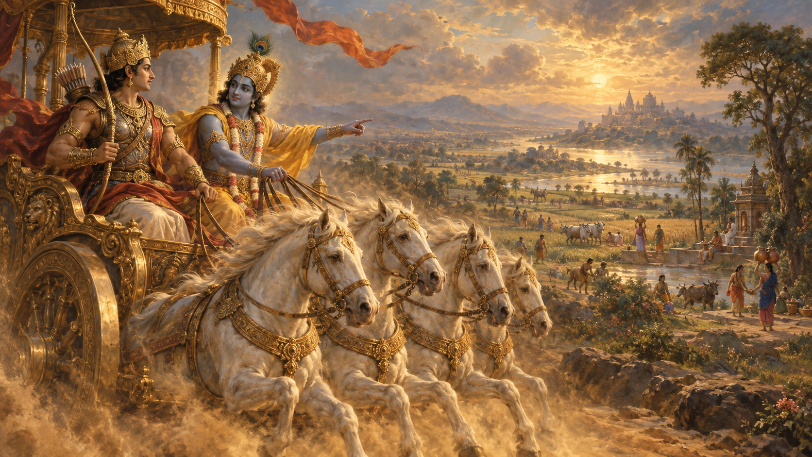 Krishna guides Arjuna’s chariot as the world awakens to its work.