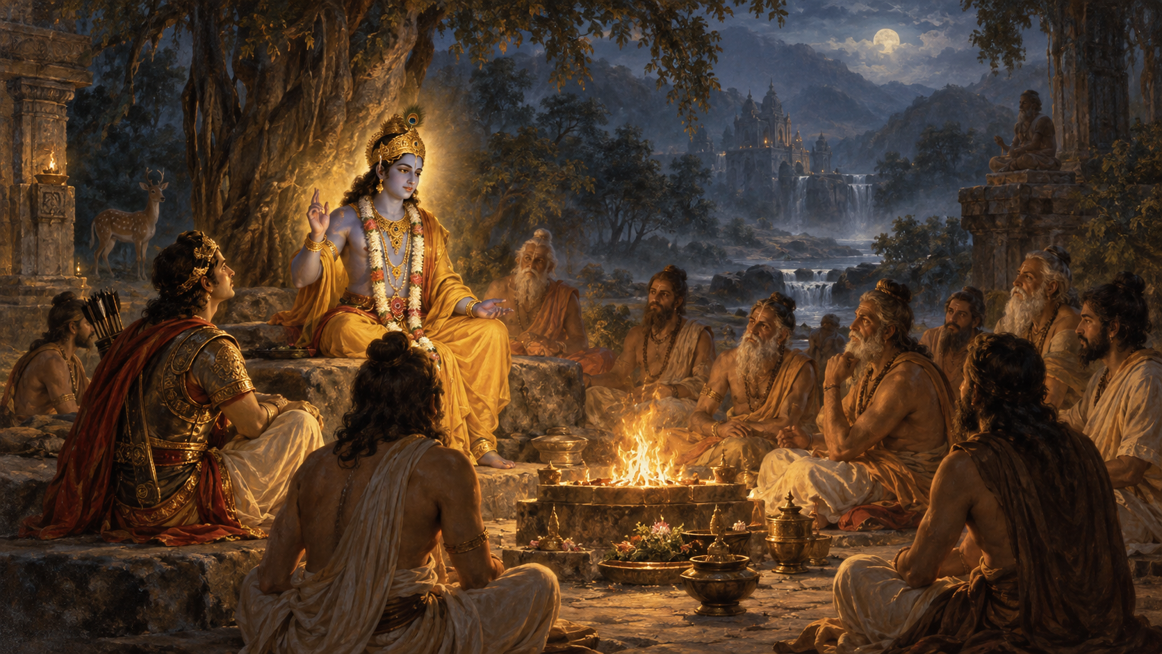 Ancient sages gather around a sacred fire in the light of Krishna’s teaching.
