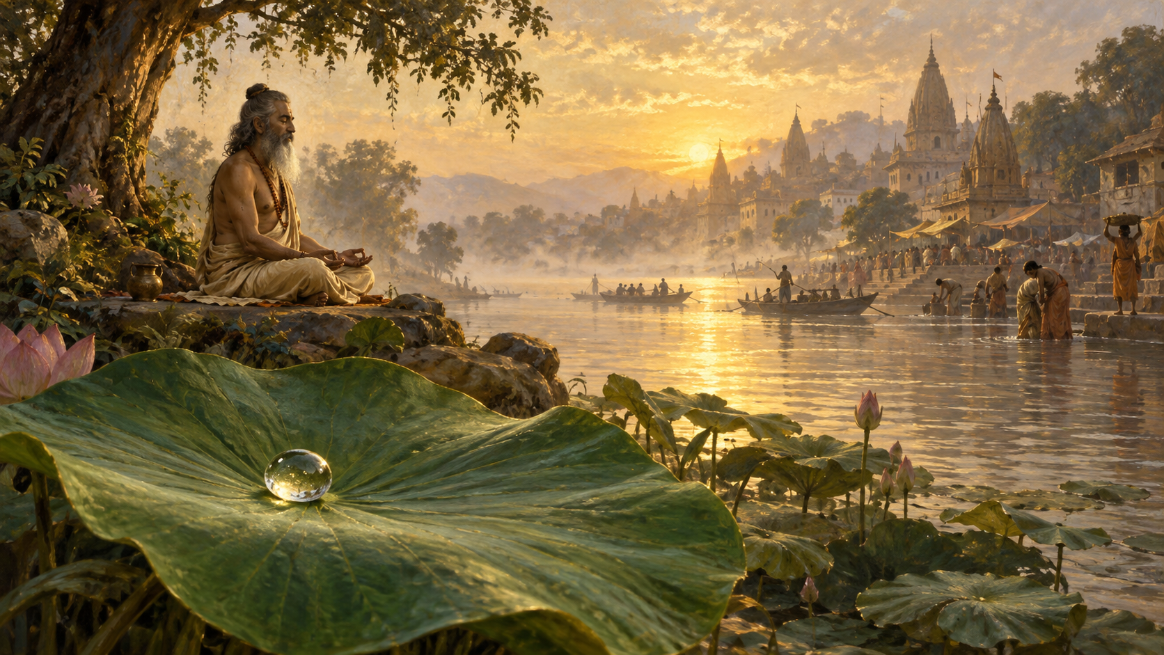 A serene sage beside a river and a lotus untouched by the water.