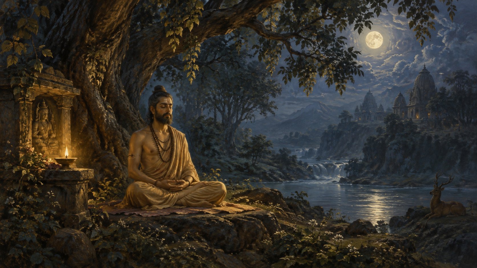 A yogi meditates in a quiet grove beside a lamp sheltered from the wind.