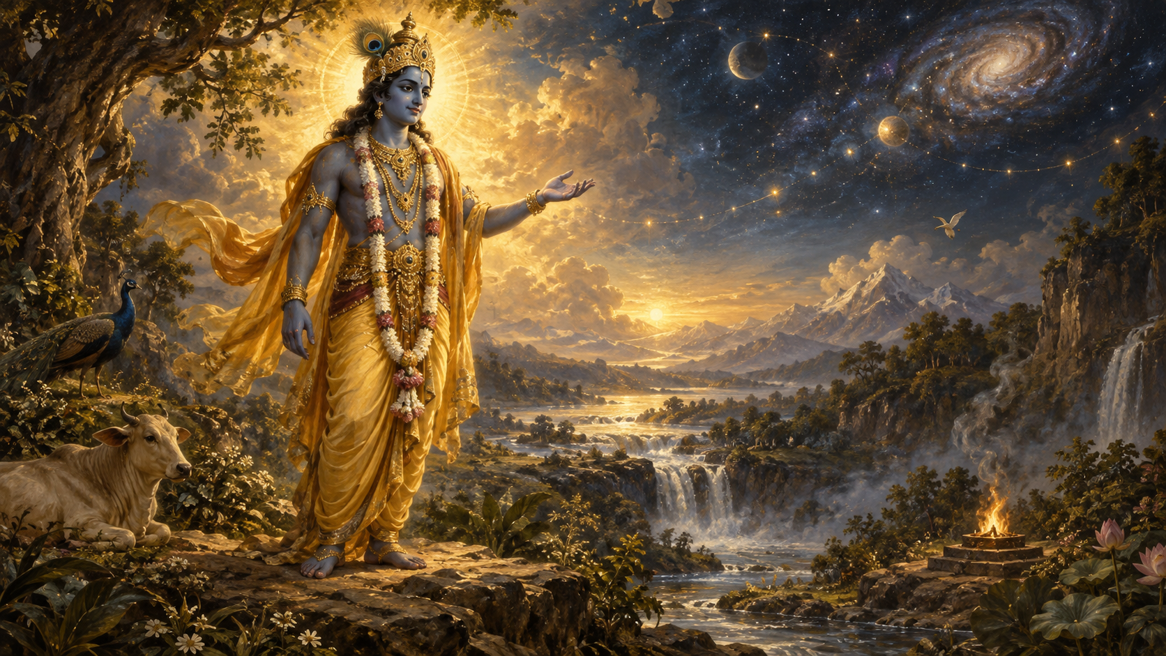 Krishna amid the elements of nature, joined like jewels upon a golden thread.