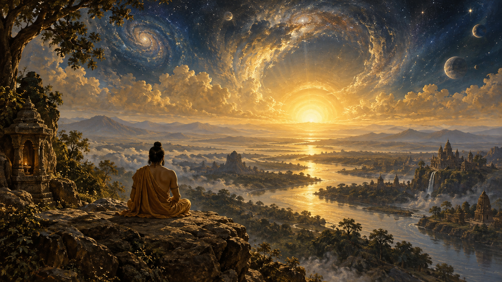 A contemplative devotee faces a radiant cosmic dawn and a distant sun.