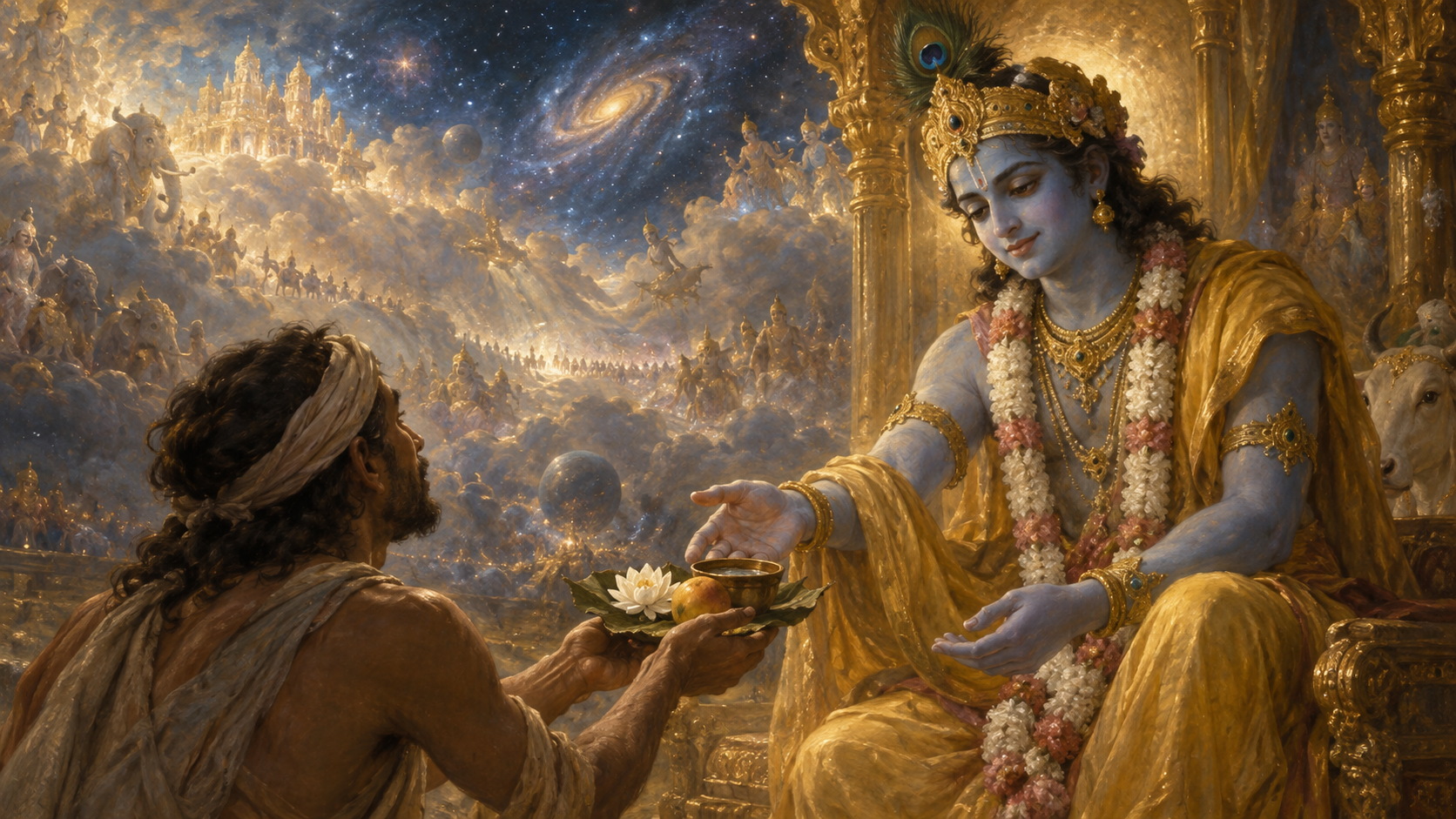 A humble offering of leaf, flower, fruit, and water before Krishna.