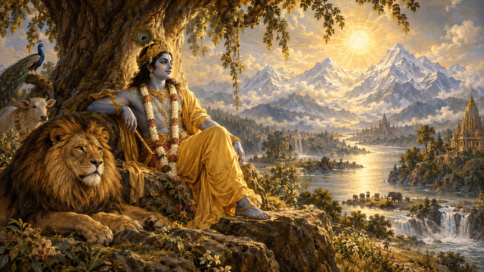 Sunlight, mountains, a great river, a tree, and a lion surround Krishna.