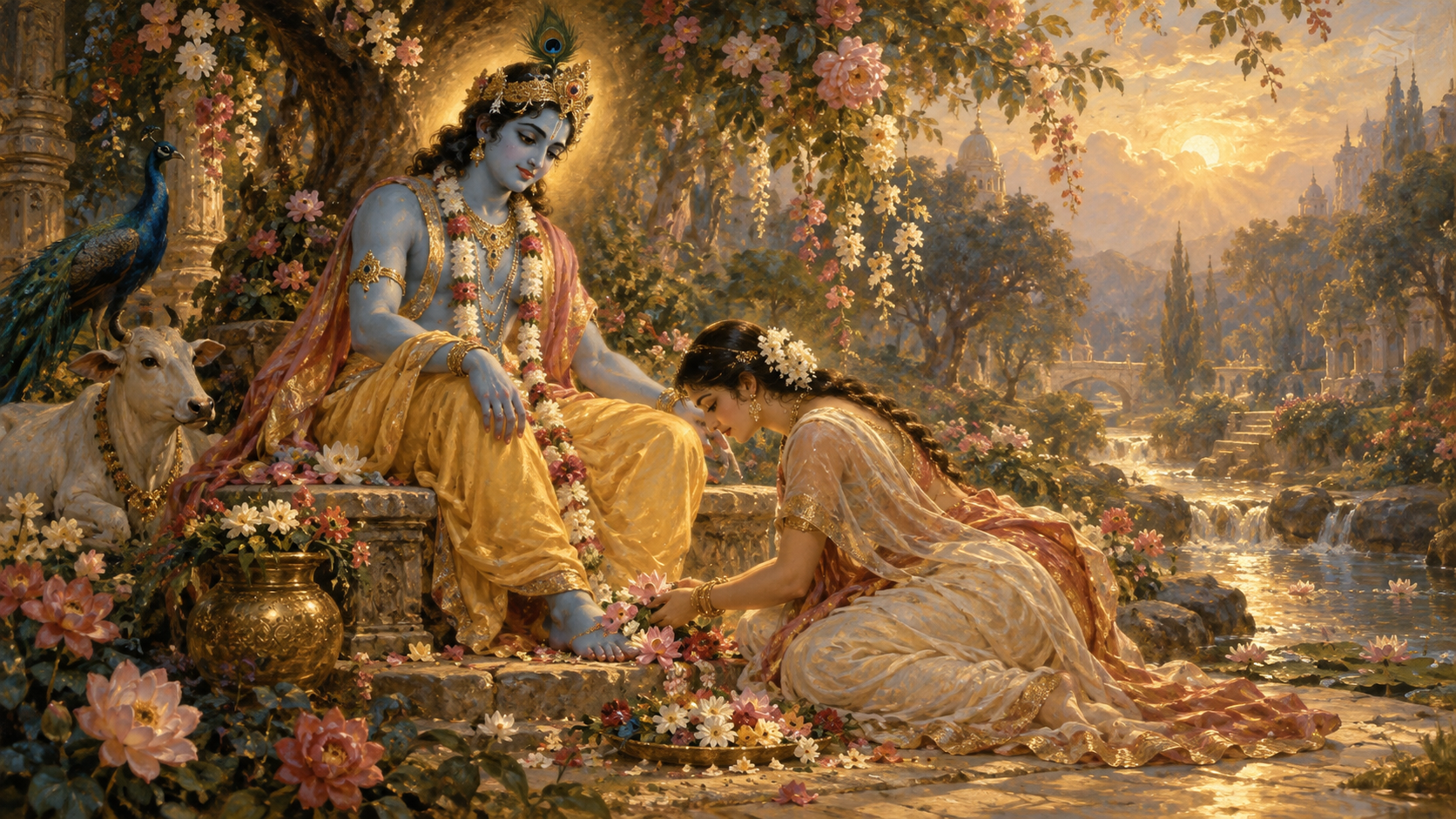 A devotee offers flowers at Krishna’s feet in a luminous garden.