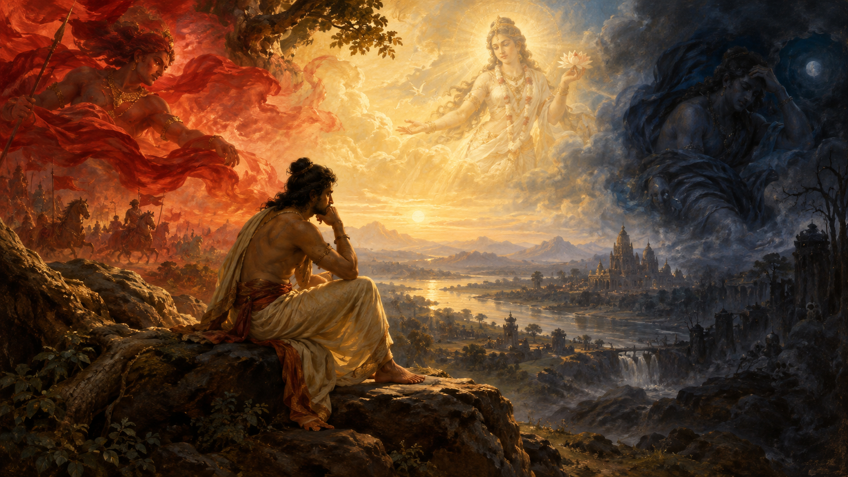 One figure amid luminous clarity, crimson activity, and deep indigo shadow.