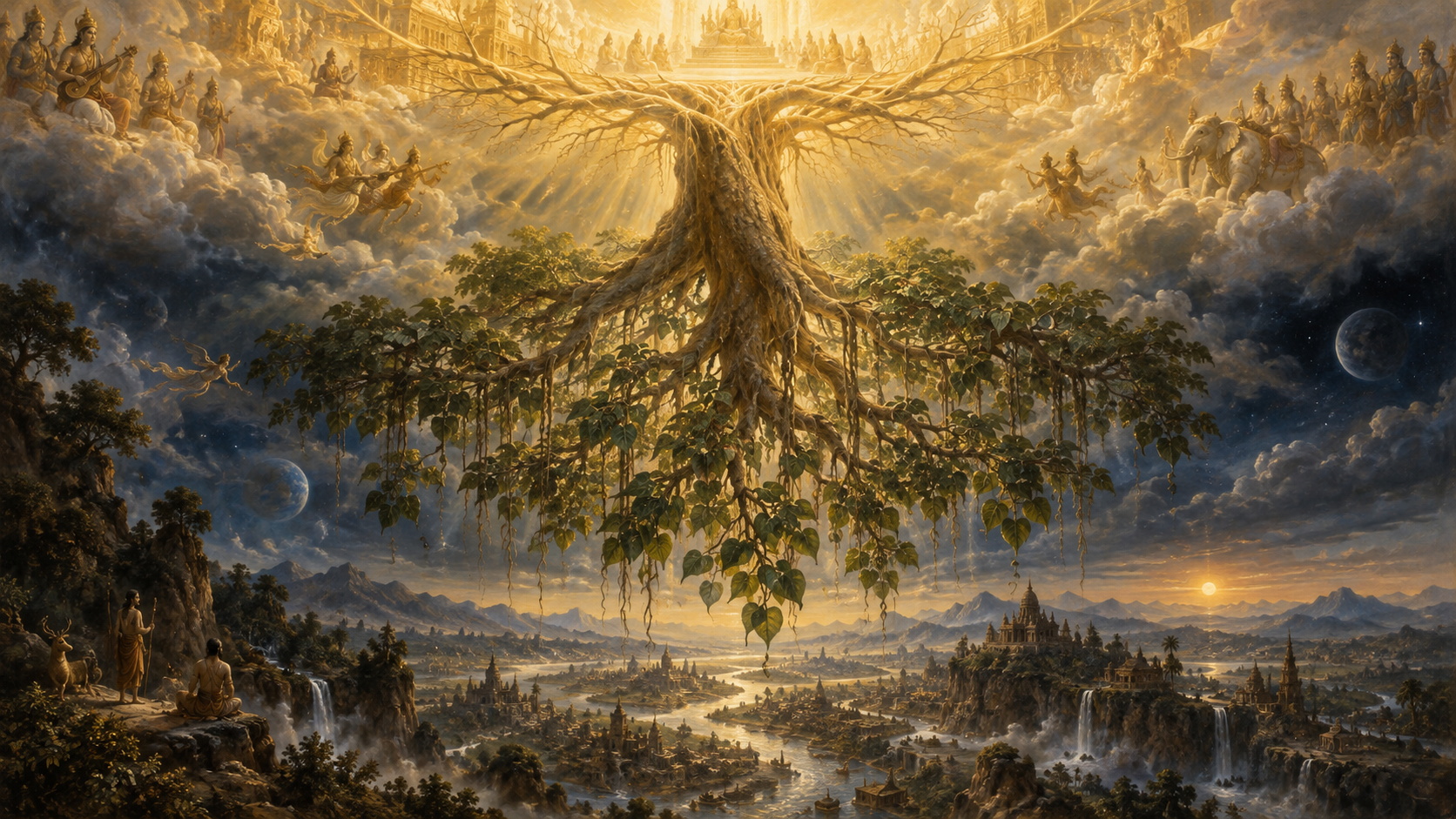An immense inverted aśvattha tree has roots in heaven and branches reaching toward the worlds.