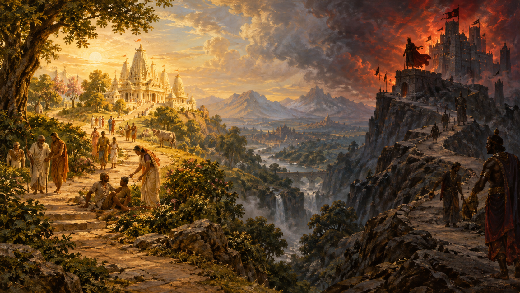A luminous path of compassion contrasts with a storm-dark fortress of pride.