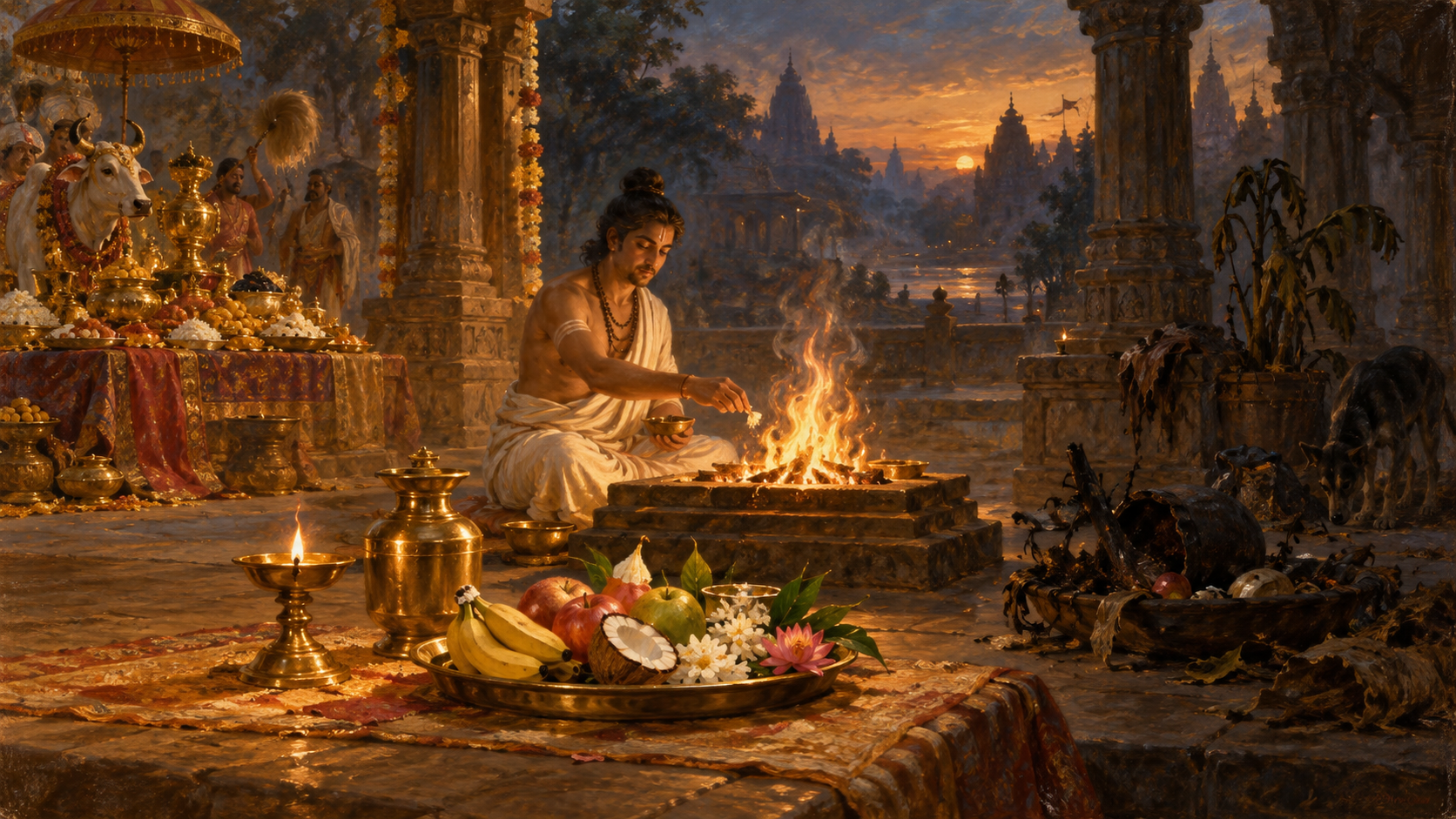 Offerings surround a sacred fire, from quiet sincerity to ostentatious display.