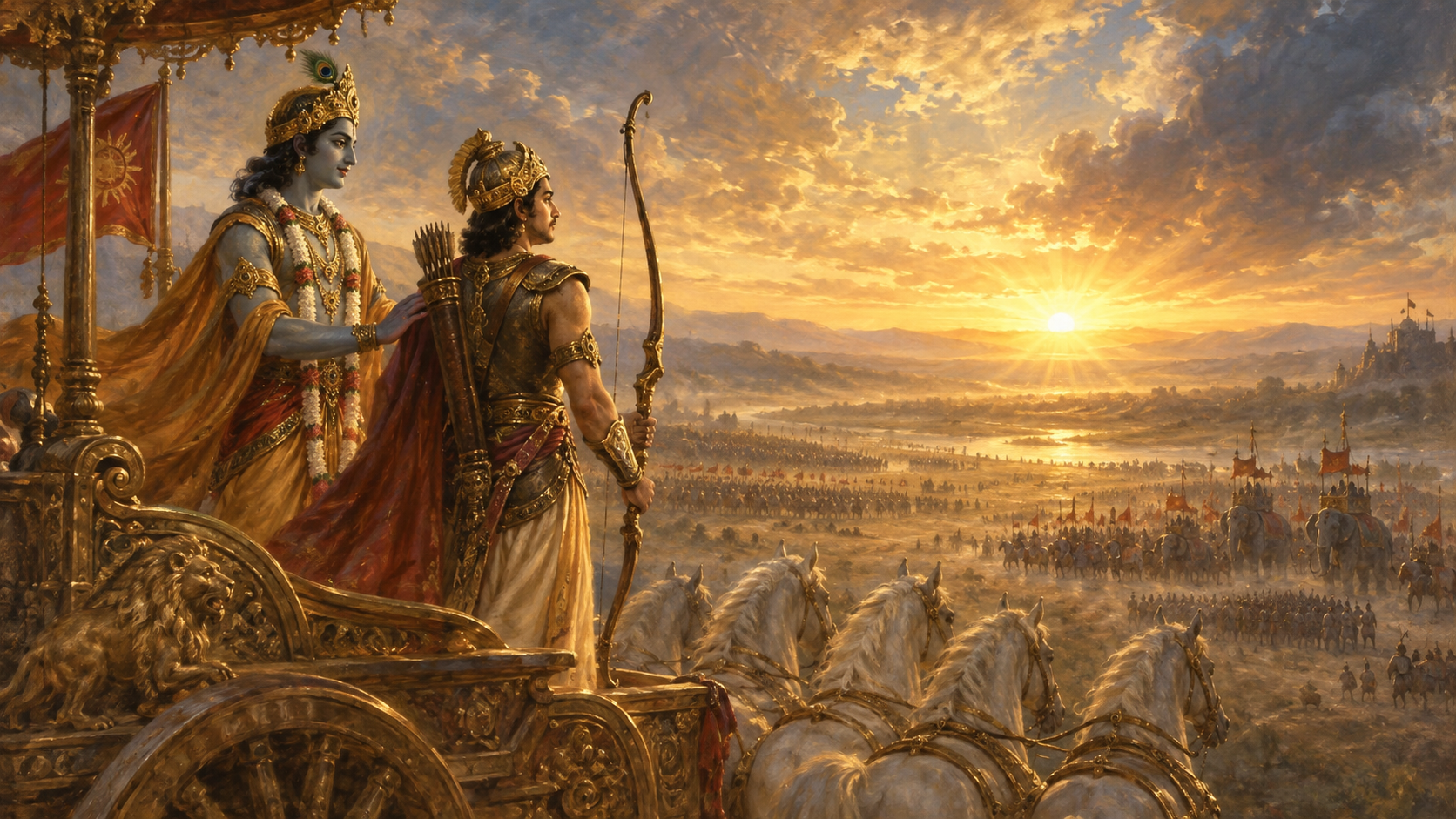 Arjuna stands resolute beside Krishna on their chariot beneath a hopeful dawn.